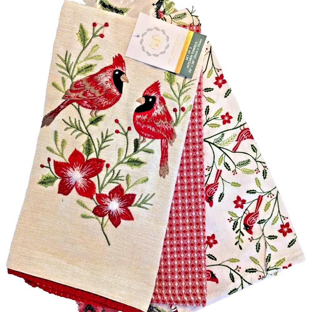 Red Cardinal on Poinsettia Branch Farmhouse Check Embroidered 3-Pc Kitchen Gift